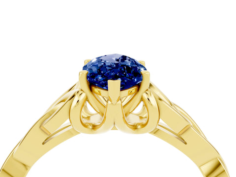 Yellow gold Marquise Cut Blue Sapphire Solitaire Engagement Ring with Celtic Knot Band and Four-Prong Setting_4