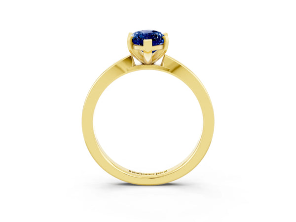Yellow gold Marquise Cut Blue Sapphire Solitaire Engagement Ring with Classic Band and Four-Prong Setting