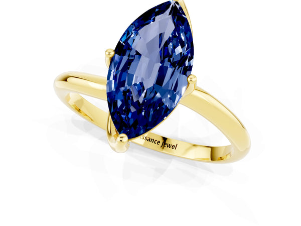 Yellow gold Marquise Cut Blue Sapphire Solitaire Engagement Ring with Four-Prong Setting and Classic Band
