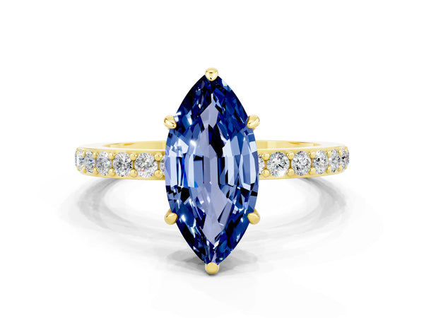 Yellow gold Marquise Cut Blue Sapphire Solitaire Engagement Ring with Pavé Band and Four-Prong Setting
