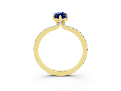 Yellow gold Marquise Cut Blue Sapphire Solitaire Engagement Ring with Pavé Band and Four-Prong Setting_3