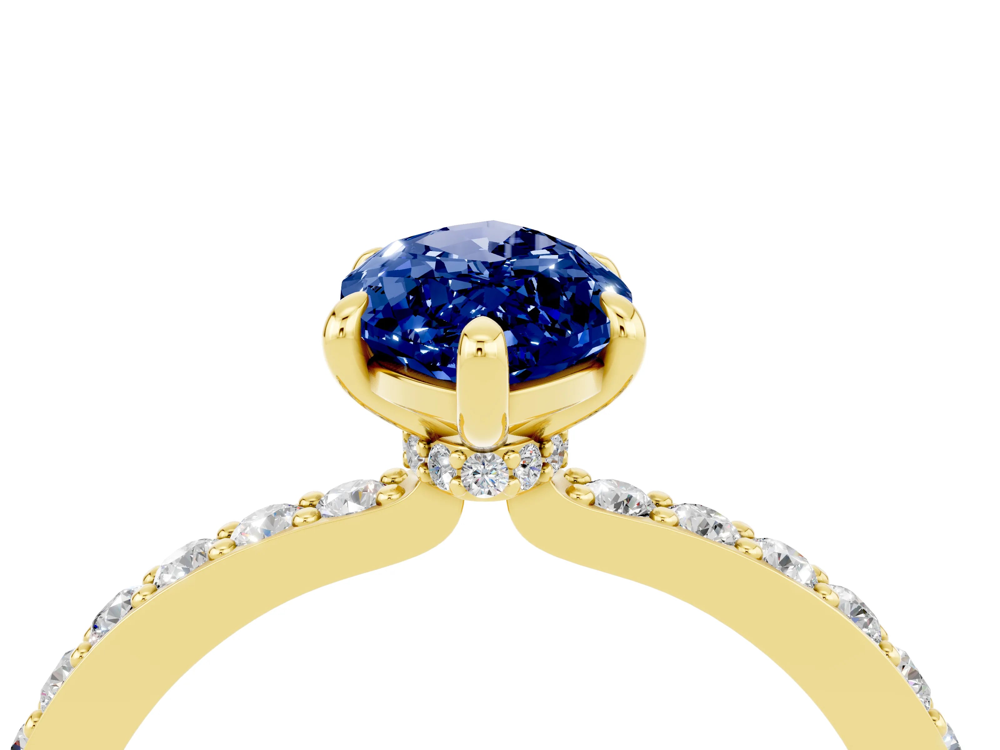 Yellow gold Marquise Cut Blue Sapphire Solitaire Engagement Ring with Pavé Band and Four-Prong Setting_4
