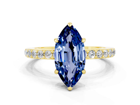 Yellow gold Marquise Cut Blue Sapphire Solitaire Engagement Ring with Pavé Band and Four-Prong Setting