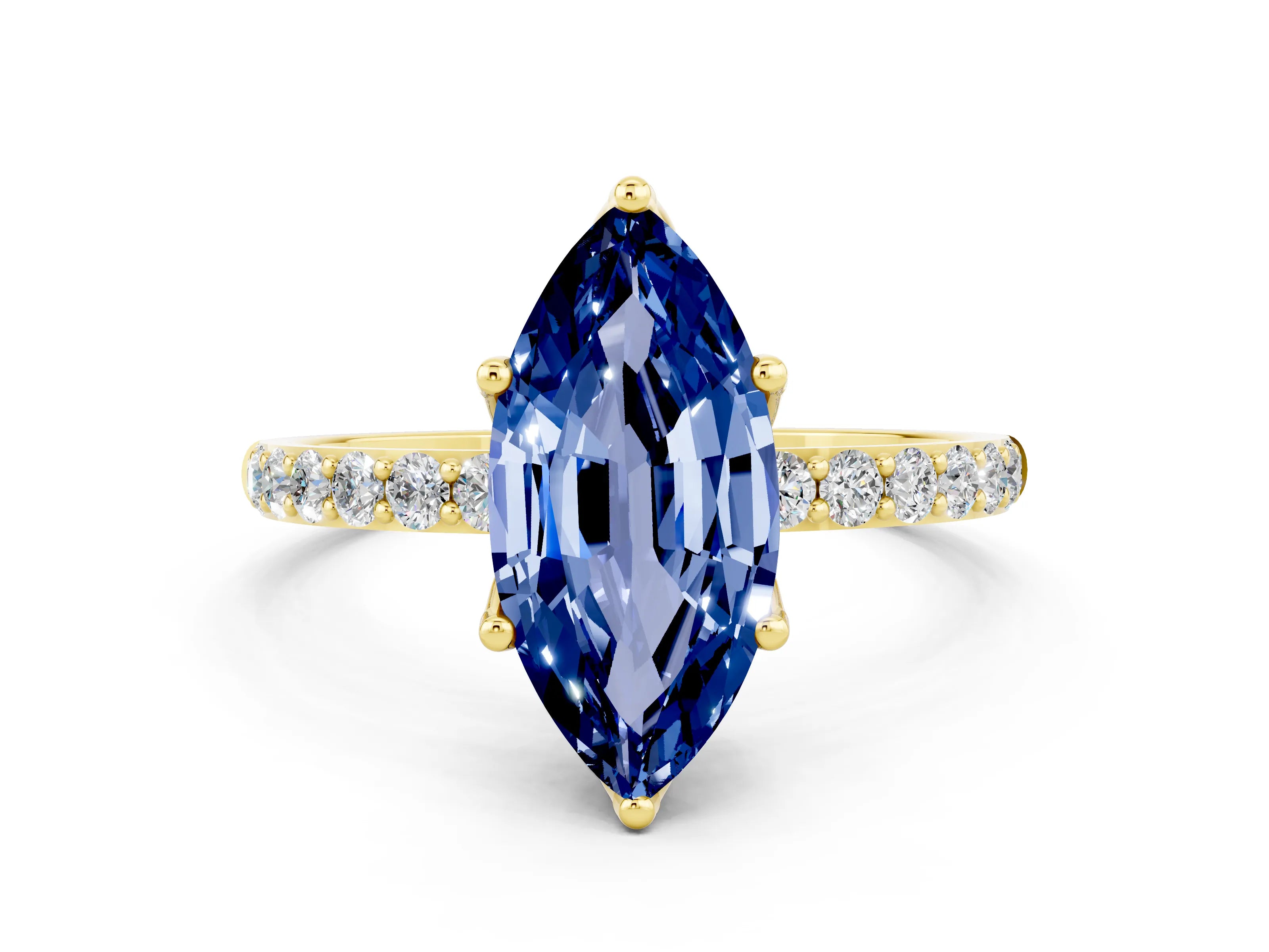 Yellow gold Marquise Cut Blue Sapphire Solitaire Engagement Ring with Pavé Band and Prong Setting