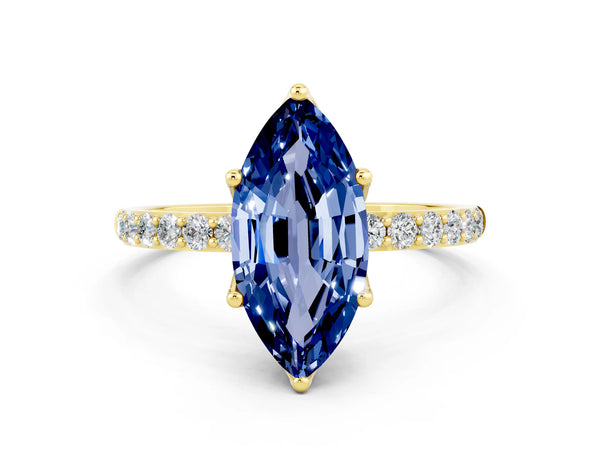 Yellow gold Marquise Cut Blue Sapphire Solitaire Engagement Ring with Round  Pavé Band and Prong Setting