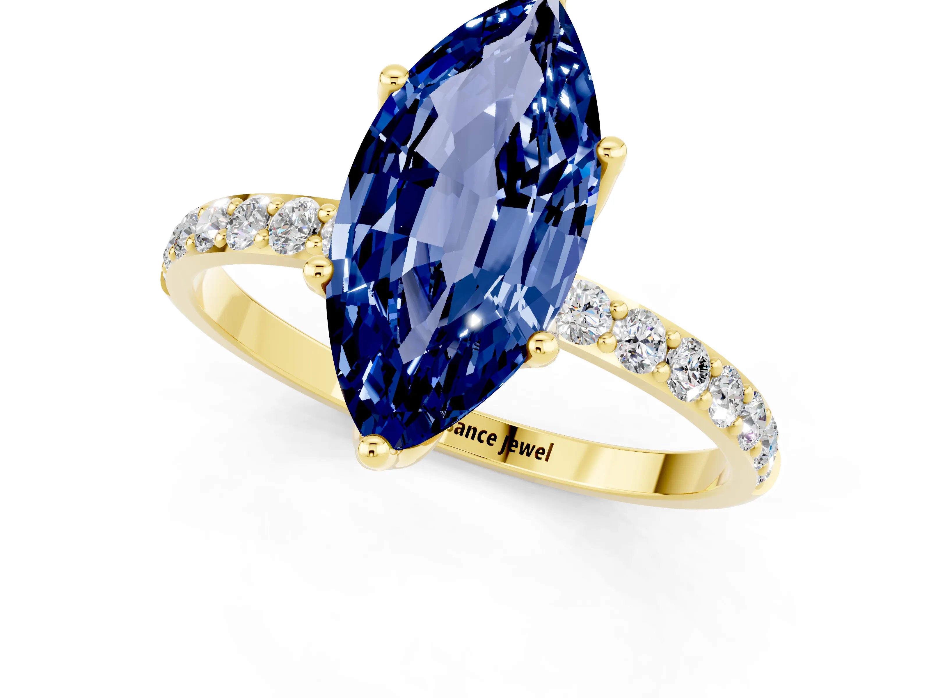 Yellow gold Marquise Cut Blue Sapphire Solitaire Engagement Ring with Pavé Band and Prong Setting_1