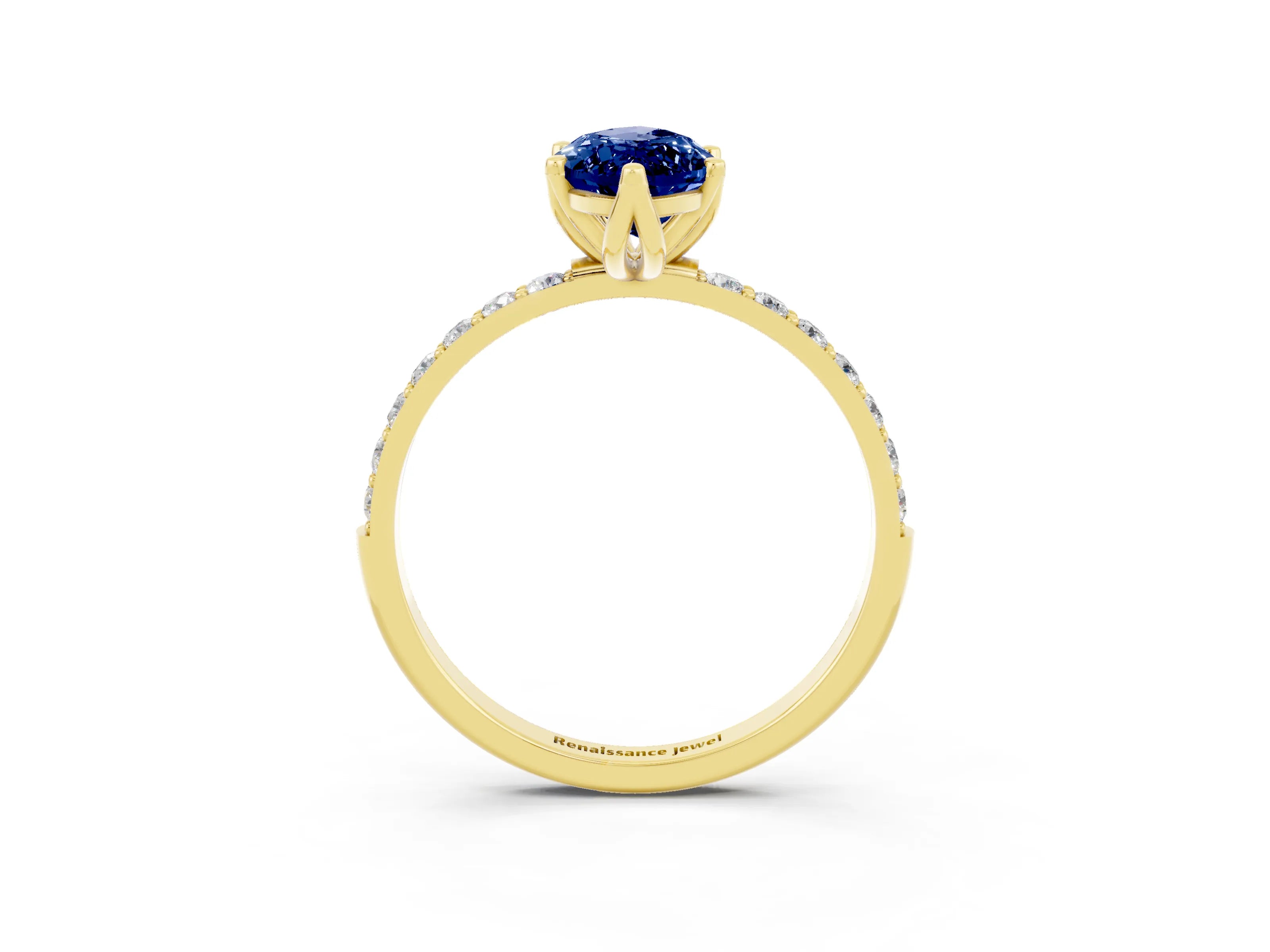 Yellow gold Marquise Cut Blue Sapphire Solitaire Engagement Ring with Pavé Band and Prong Setting_3