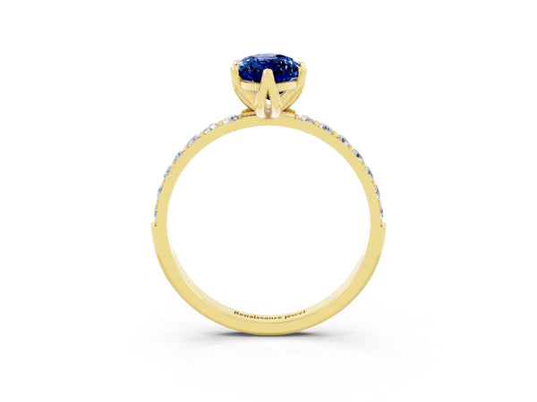 Yellow gold Marquise Cut Blue Sapphire Solitaire Engagement Ring with Round  Pavé Band and Prong Setting