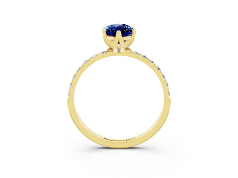 Yellow gold Marquise Cut Blue Sapphire Solitaire Engagement Ring with Pavé Band and Prong Setting_3