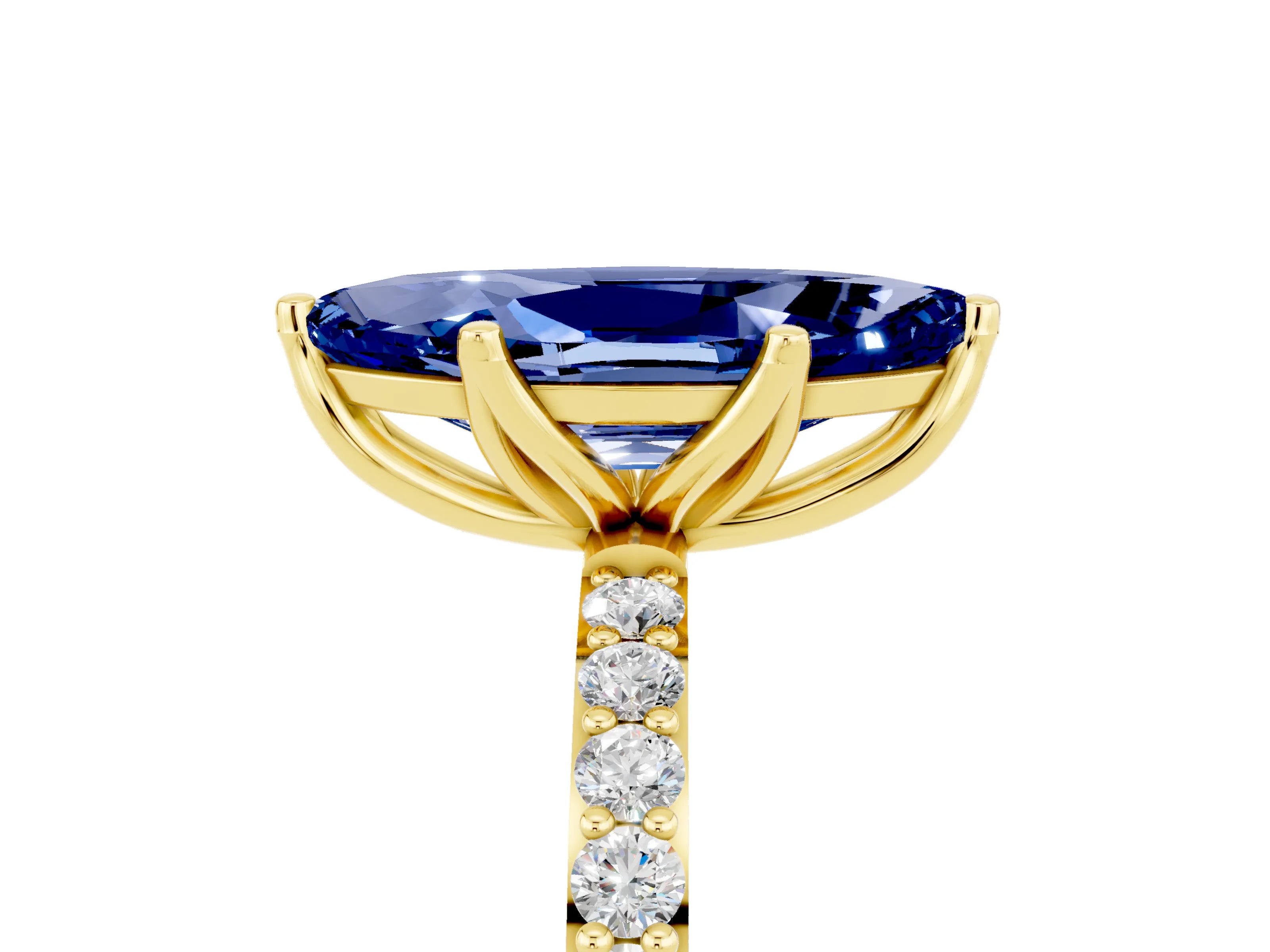 Yellow gold Marquise Cut Blue Sapphire Solitaire Engagement Ring with Pavé Band and Prong Setting_5