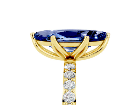Yellow gold Marquise Cut Blue Sapphire Solitaire Engagement Ring with Pavé Band and Prong Setting_5