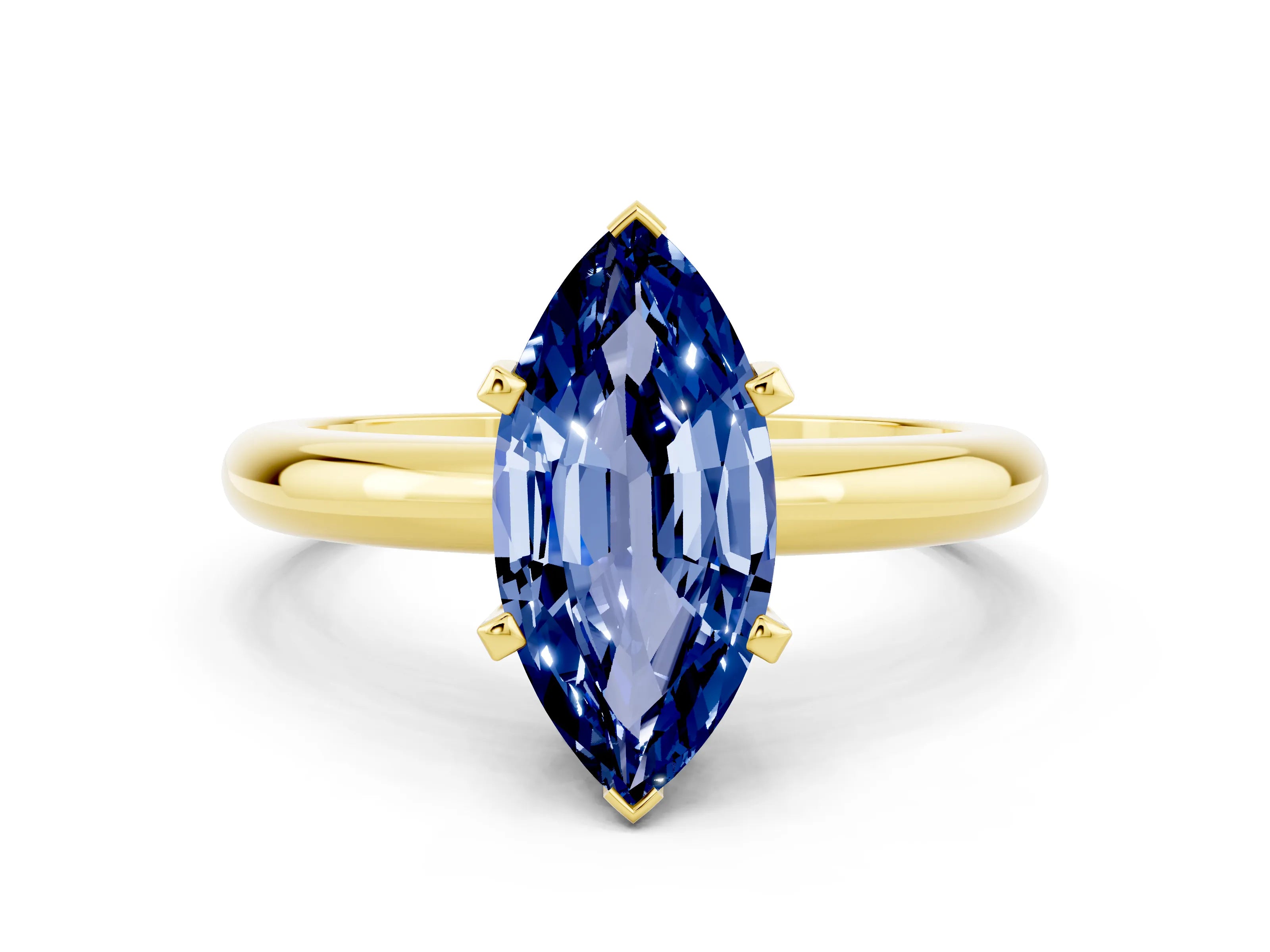 Yellow gold Marquise Cut Blue Sapphire Solitaire Engagement Ring with Round Band and Four-Prong Setting