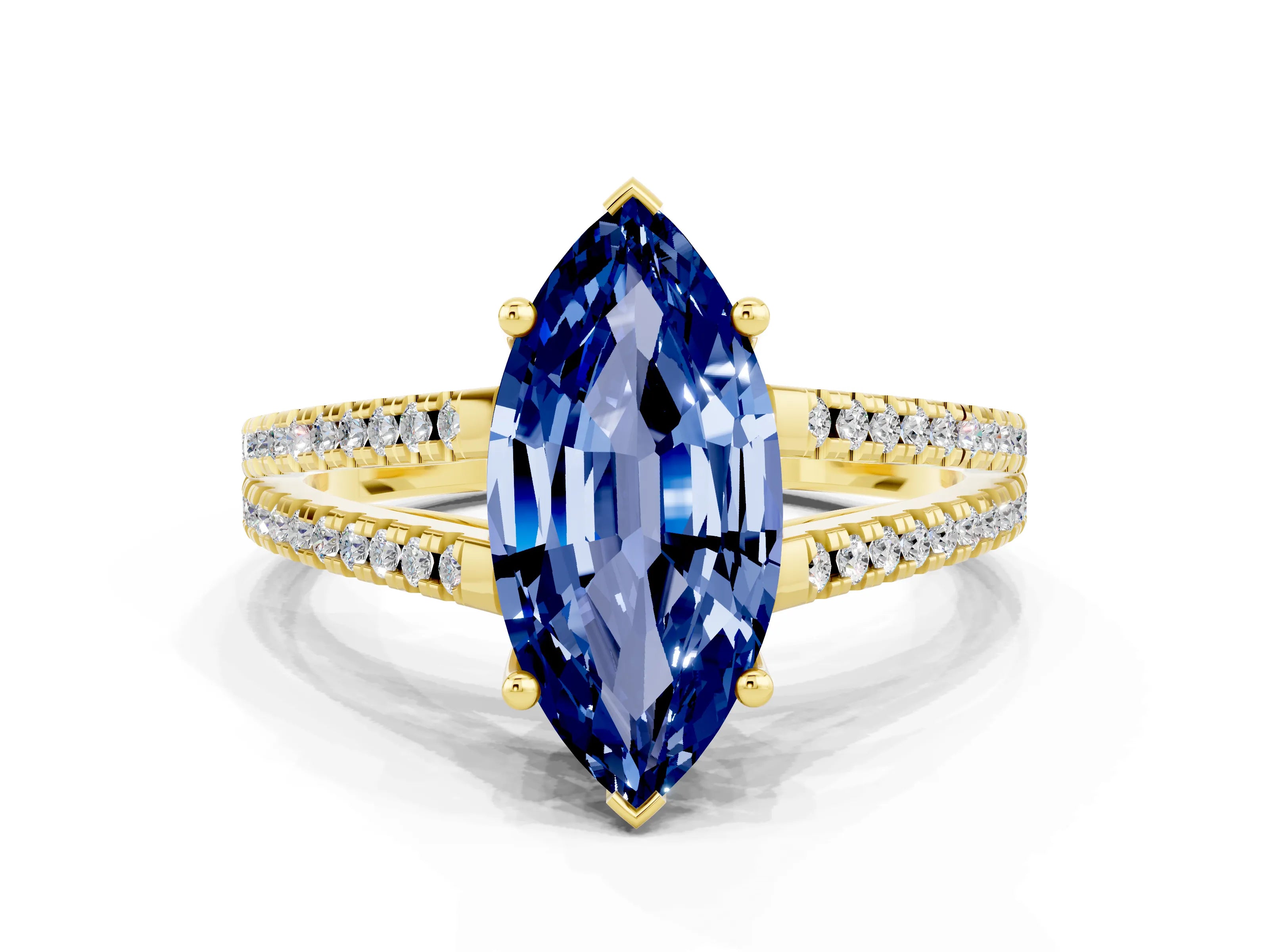 Yellow gold Marquise Cut Blue Sapphire Solitaire Engagement Ring with Split Shank Pavé Band