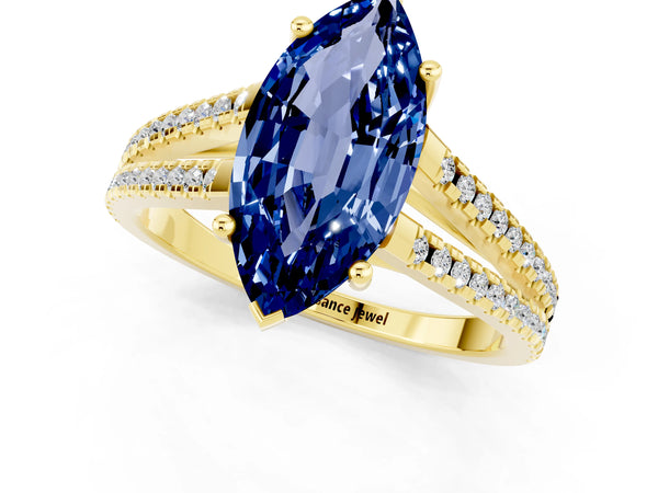 Yellow gold Marquise Cut Blue Sapphire Solitaire Engagement Ring with Split Shank Pavé Band