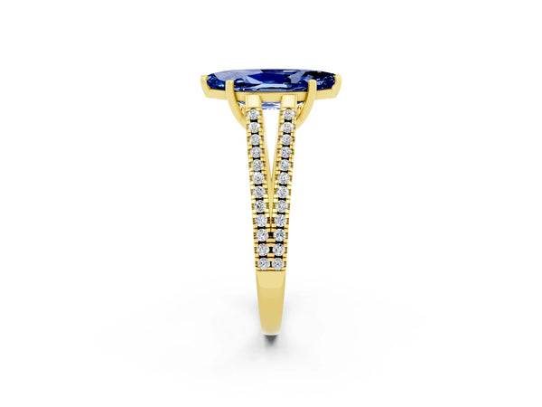 Yellow gold Marquise Cut Blue Sapphire Solitaire Engagement Ring with Split Shank Pavé Band