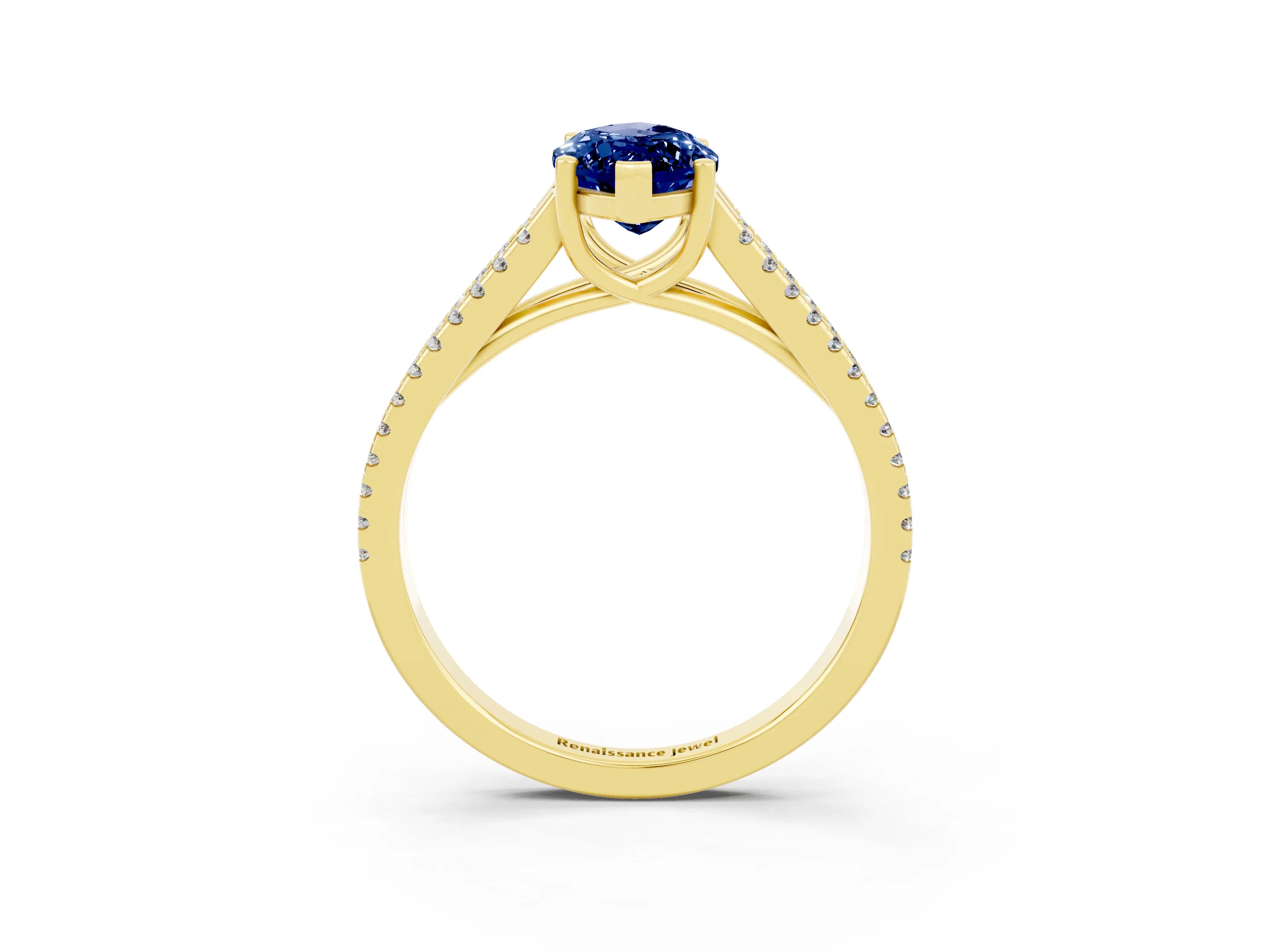 Yellow gold Marquise Cut Blue Sapphire Solitaire Engagement Ring with Split Shank Pavé Band_3