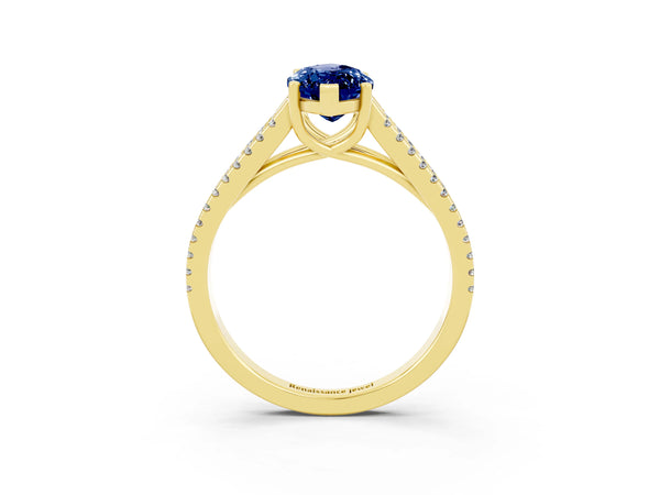 Yellow gold Marquise Cut Blue Sapphire Solitaire Engagement Ring with Split Shank Pavé Band