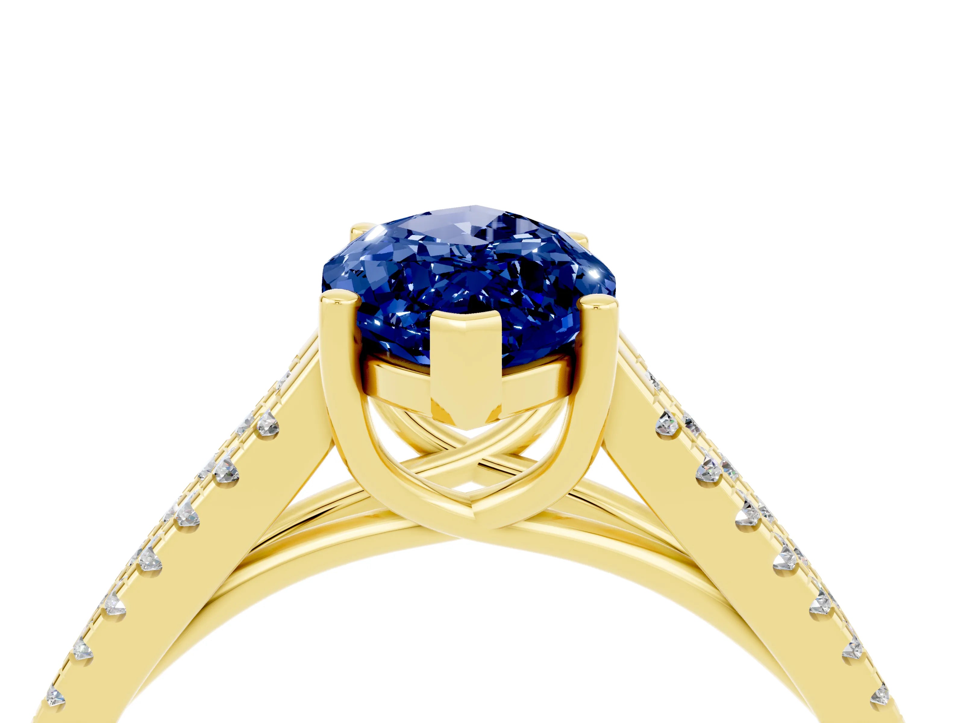 Yellow gold Marquise Cut Blue Sapphire Solitaire Engagement Ring with Split Shank Pavé Band_4