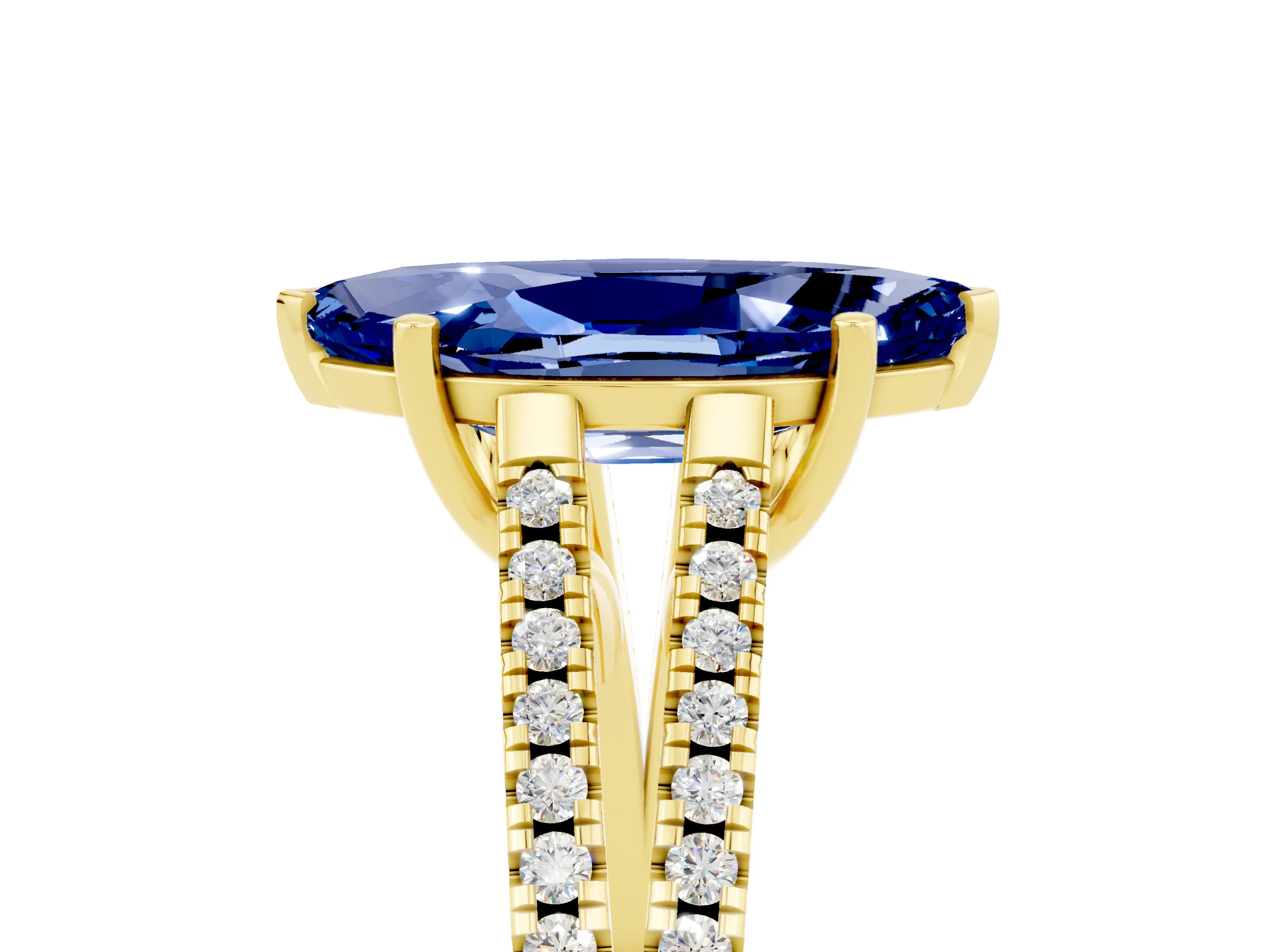 Yellow gold Marquise Cut Blue Sapphire Solitaire Engagement Ring with Split Shank Pavé Band_5