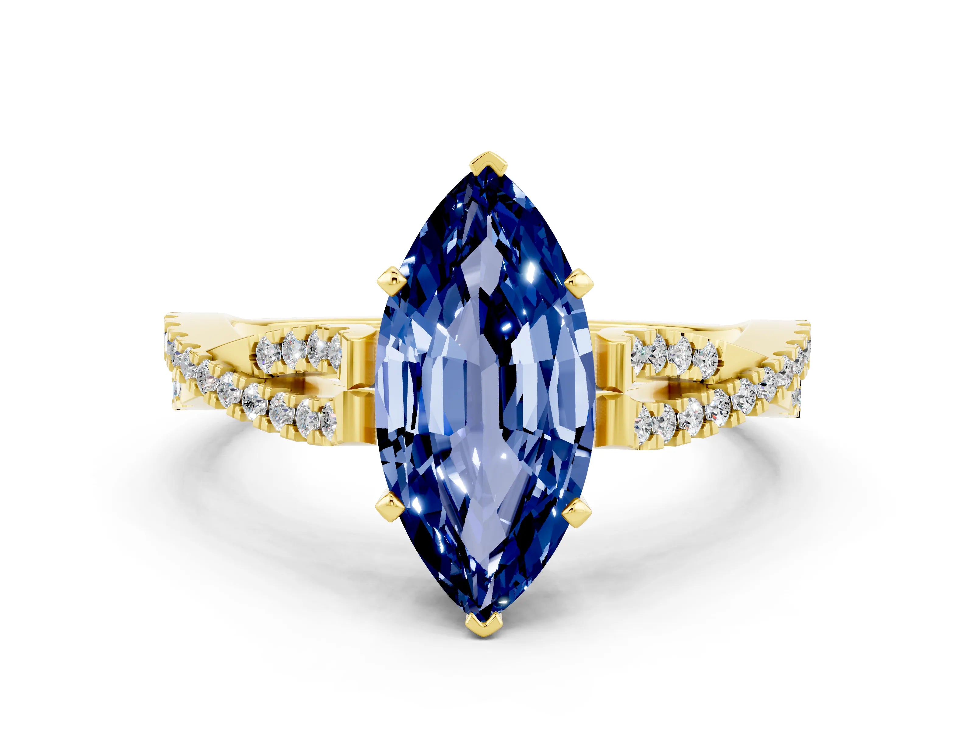 Yellow gold Marquise Cut Blue Sapphire Solitaire Engagement Ring with Twisted Pavé Band and Four-Prong Setting