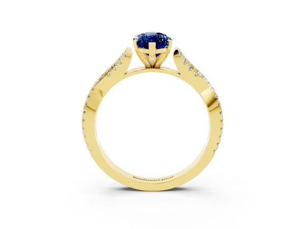 Yellow gold Marquise Cut Blue Sapphire Solitaire Engagement Ring with Twisted Pavé Band and Four-Prong Setting