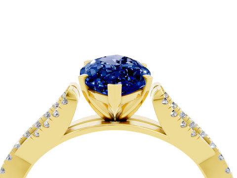 Yellow gold Marquise Cut Blue Sapphire Solitaire Engagement Ring with Twisted Pavé Band and Four-Prong Setting_4