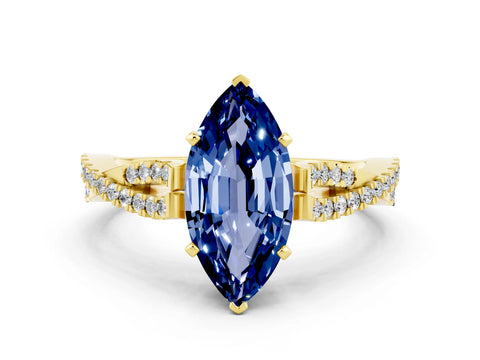 Yellow gold Marquise Cut Blue Sapphire Solitaire Engagement Ring with Twisted Pavé Band and Four-Prong Setting