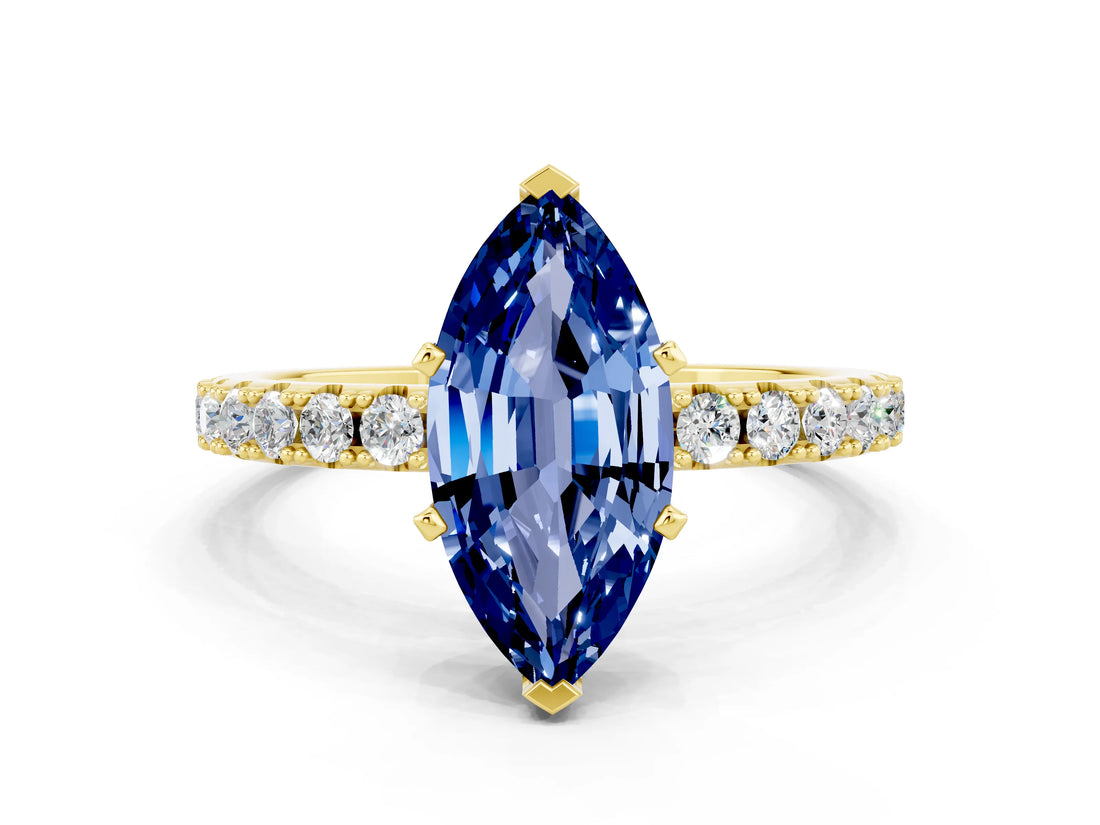 Yellow gold Marquise Cut Blue Sapphire Solitaire Pavé Band with Four-Prong Setting