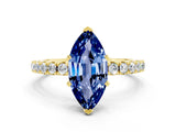Yellow gold Marquise Cut Blue Sapphire Solitaire Pavé Band with Four-Prong Setting