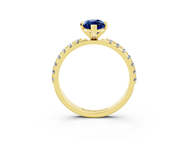 Yellow gold Marquise Cut Blue Sapphire Solitaire Pavé Band with Four-Prong Setting