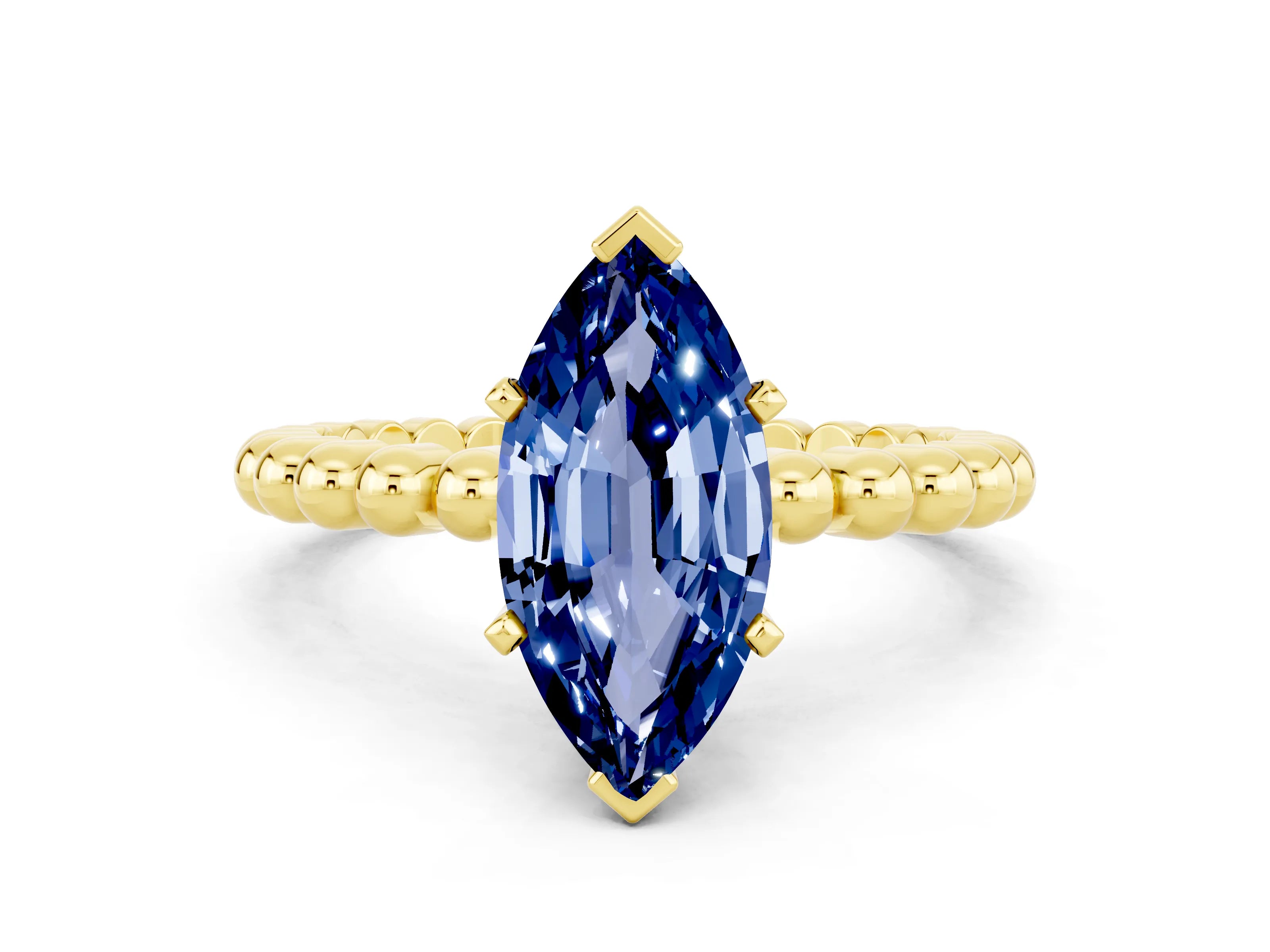 Yellow gold Marquise Cut Blue Sapphire Solitaire Ring with Beaded Band and Prong Setting