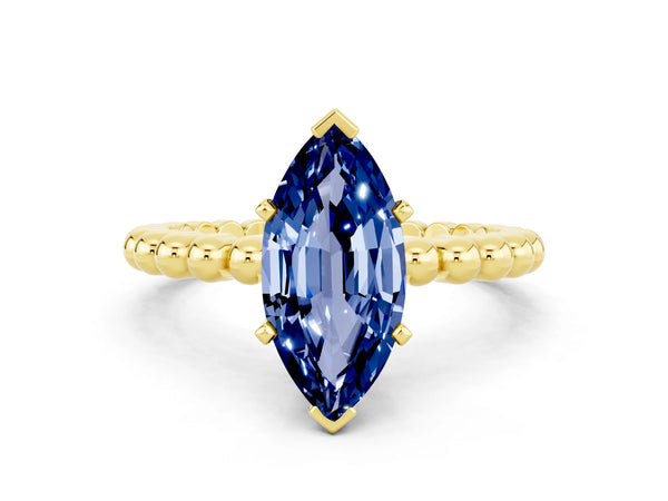 Yellow gold Marquise Cut Blue Sapphire Solitaire Ring with Beaded Band and Prong Setting