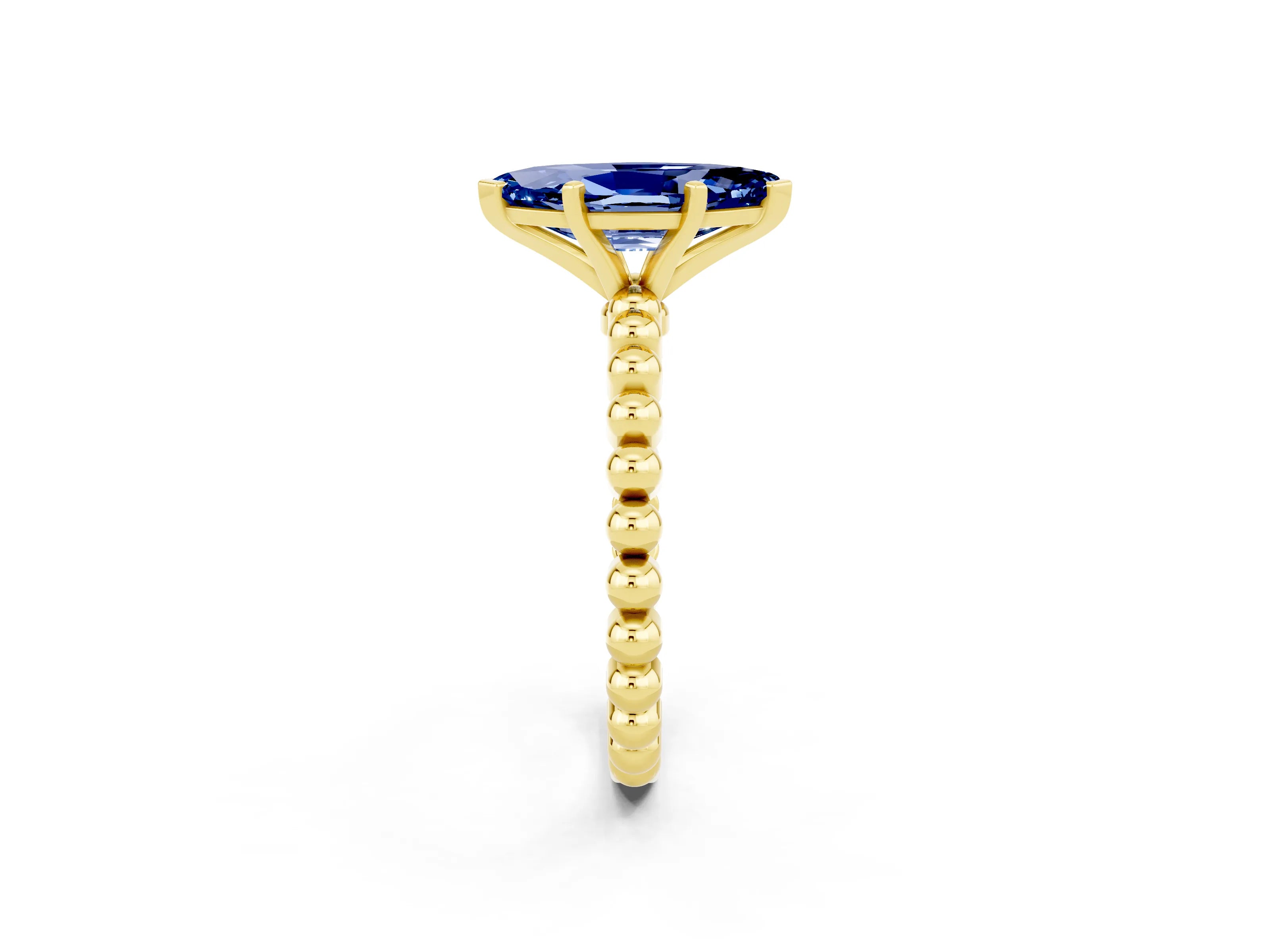 Yellow gold Marquise Cut Blue Sapphire Solitaire Ring with Beaded Band and Prong Setting_2