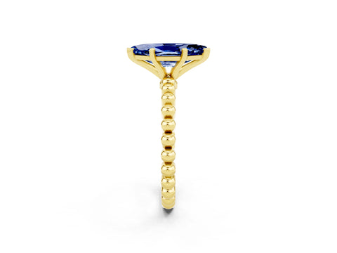 Yellow gold Marquise Cut Blue Sapphire Solitaire Ring with Beaded Band and Prong Setting_2