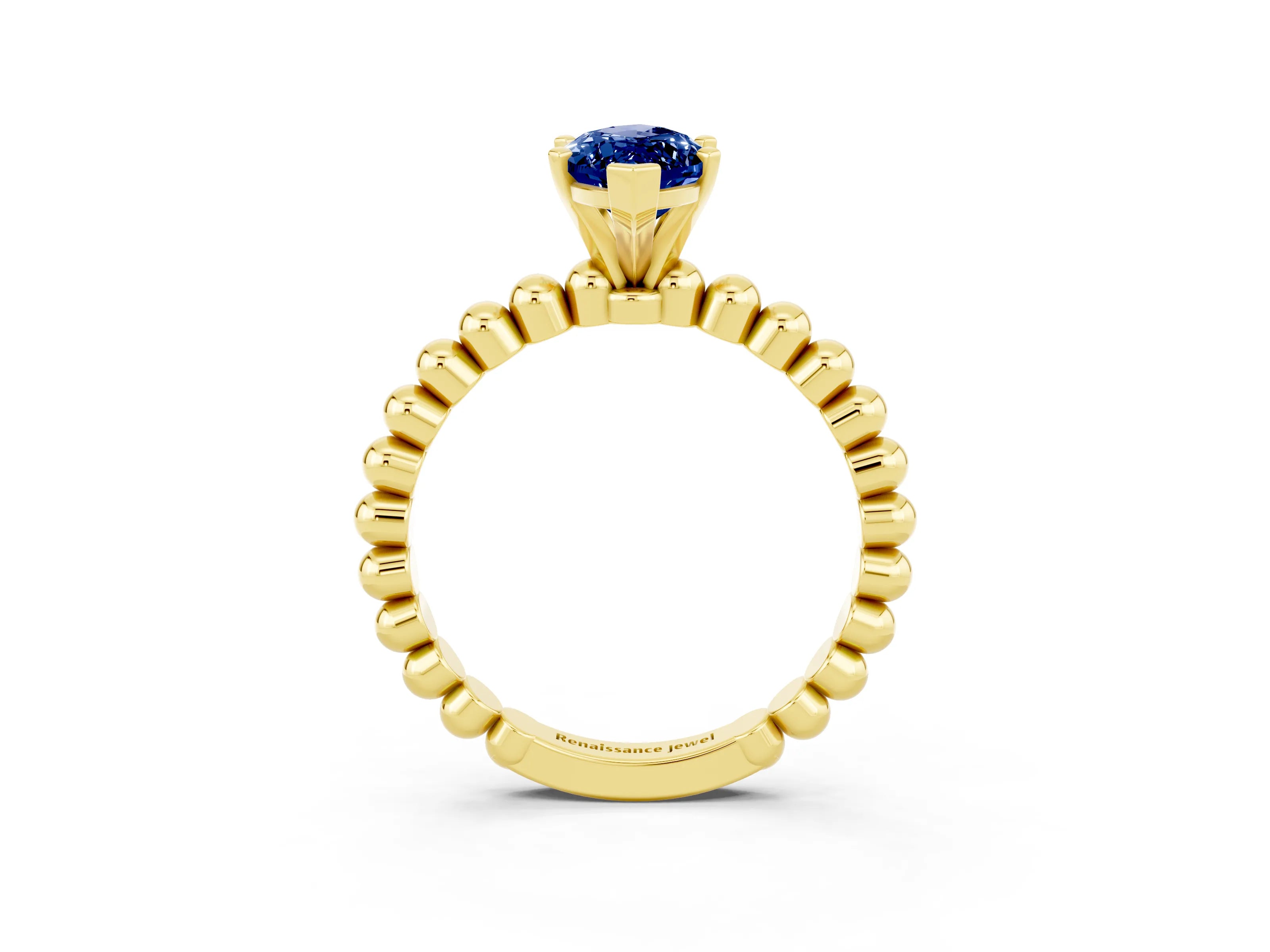 Yellow gold Marquise Cut Blue Sapphire Solitaire Ring with Beaded Band and Prong Setting_3