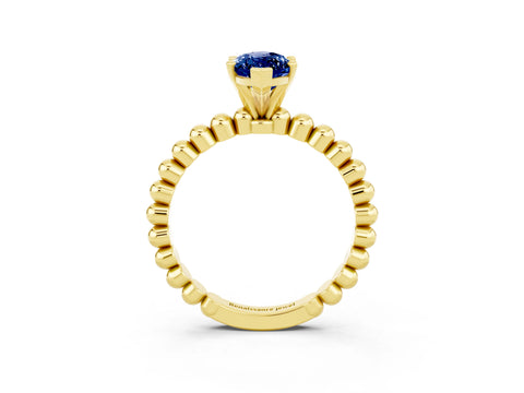 Yellow gold Marquise Cut Blue Sapphire Solitaire Ring with Beaded Band and Prong Setting_3