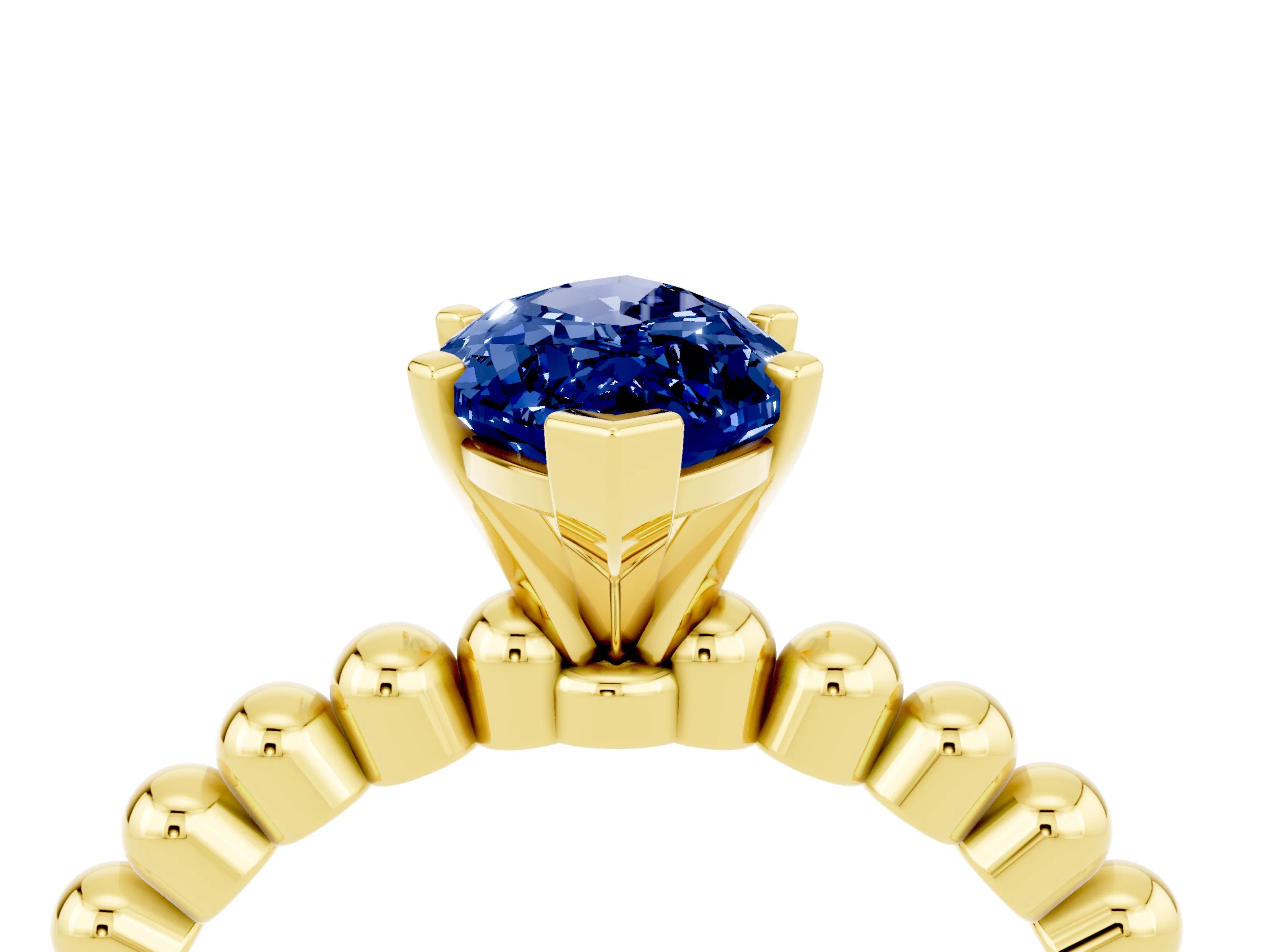 Yellow gold Marquise Cut Blue Sapphire Solitaire Ring with Beaded Band and Prong Setting_4