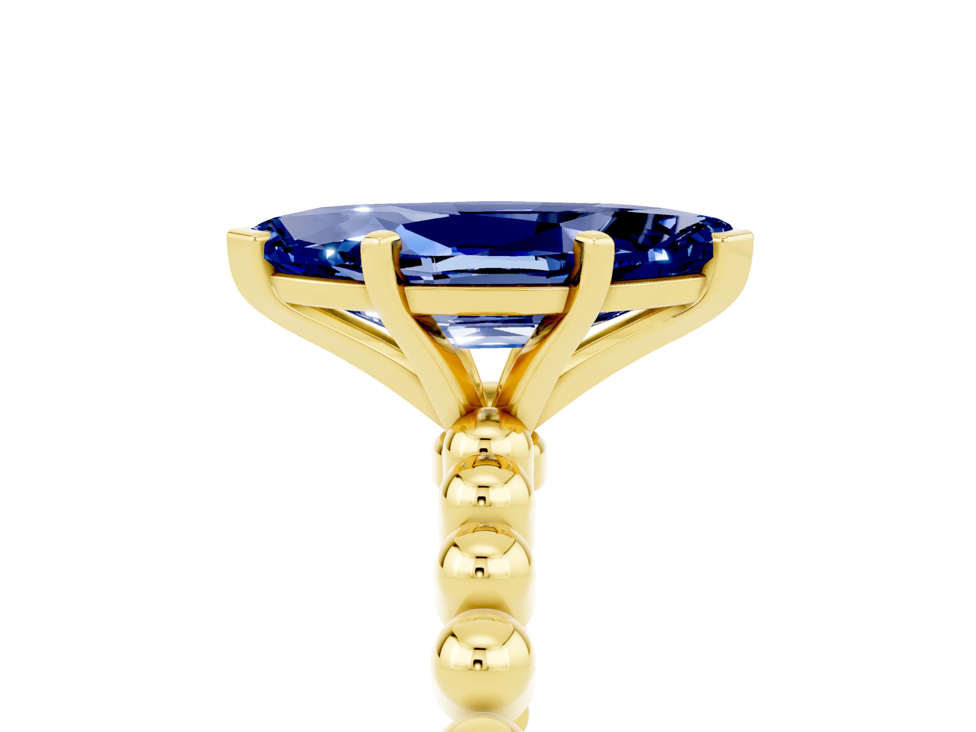 Yellow gold Marquise Cut Blue Sapphire Solitaire Ring with Beaded Band and Prong Setting_5