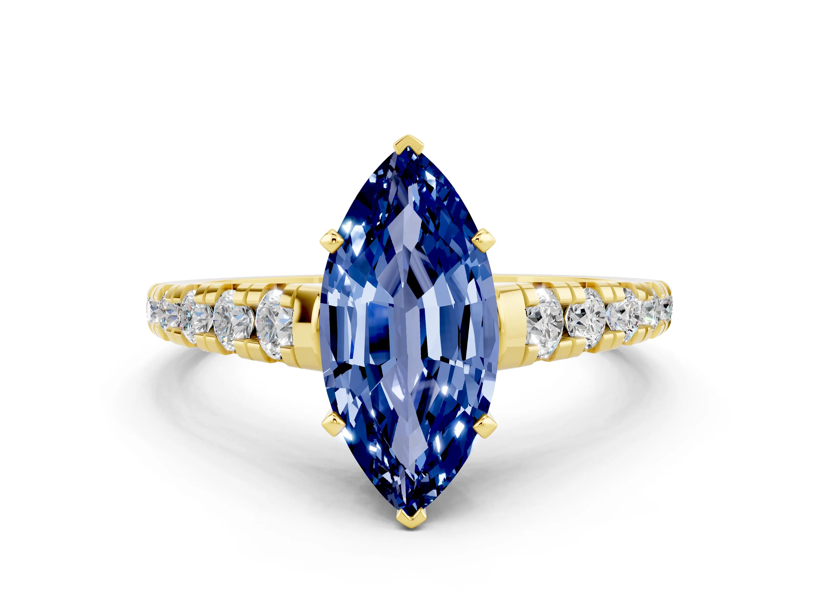 Yellow gold Marquise Cut Blue Sapphire Solitaire Ring with Cathedral Setting and Pavé Band