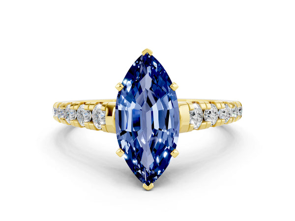 Yellow gold Marquise Cut Blue Sapphire Cathedral Solitaire Ring with Round  Pavé Band