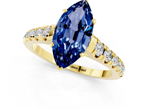Yellow gold Marquise Cut Blue Sapphire Solitaire Ring with Cathedral Setting and Pavé Band_1