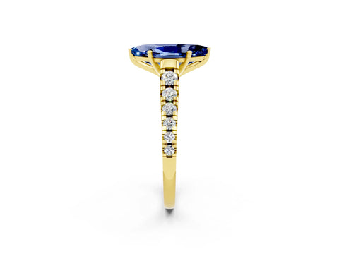 Yellow gold Marquise Cut Blue Sapphire Solitaire Ring with Cathedral Setting and Pavé Band_2