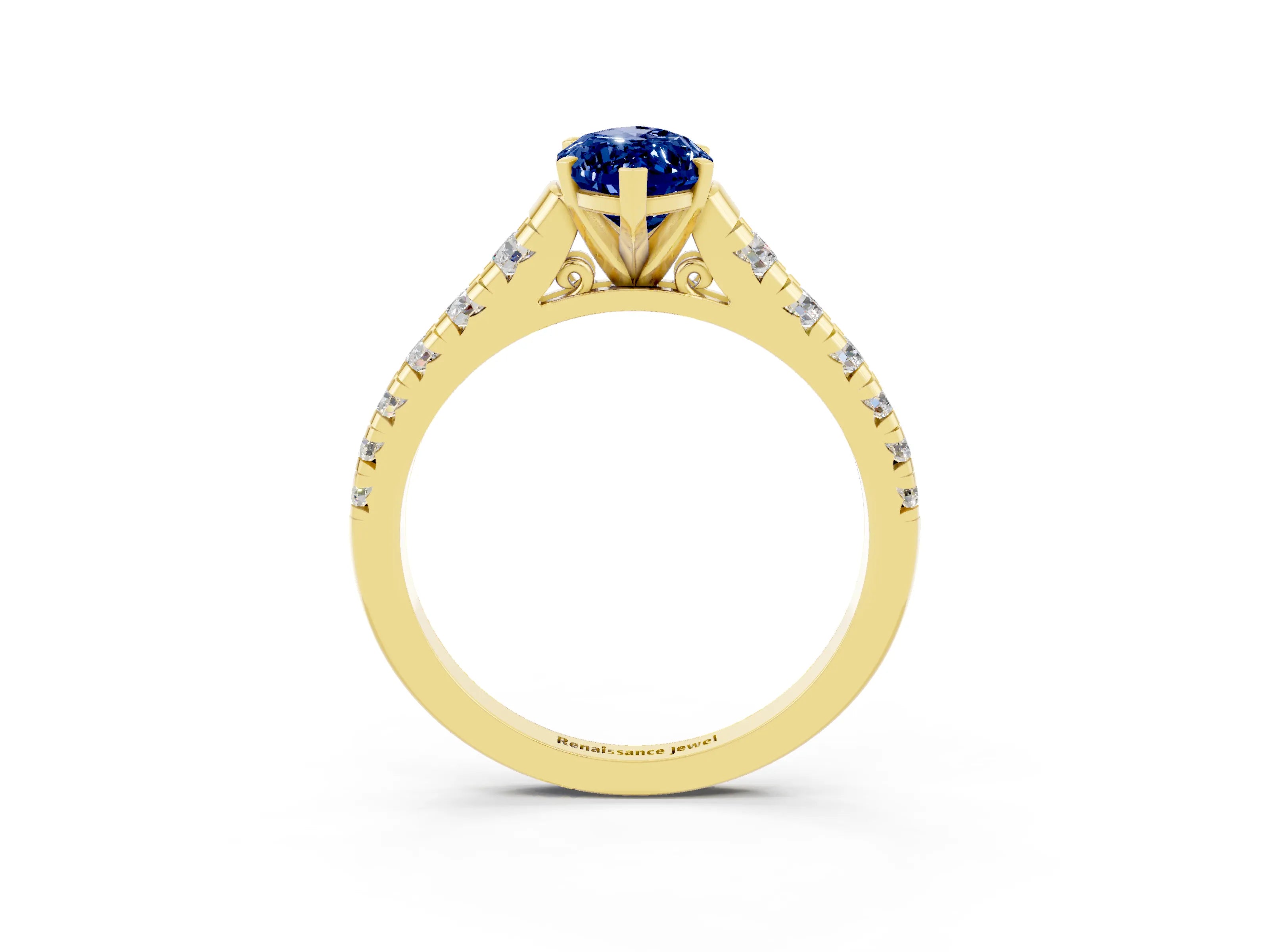 Yellow gold Marquise Cut Blue Sapphire Solitaire Ring with Cathedral Setting and Pavé Band_3