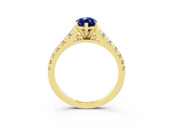 Yellow gold Marquise Cut Blue Sapphire Cathedral Solitaire Ring with Round  Pavé Band