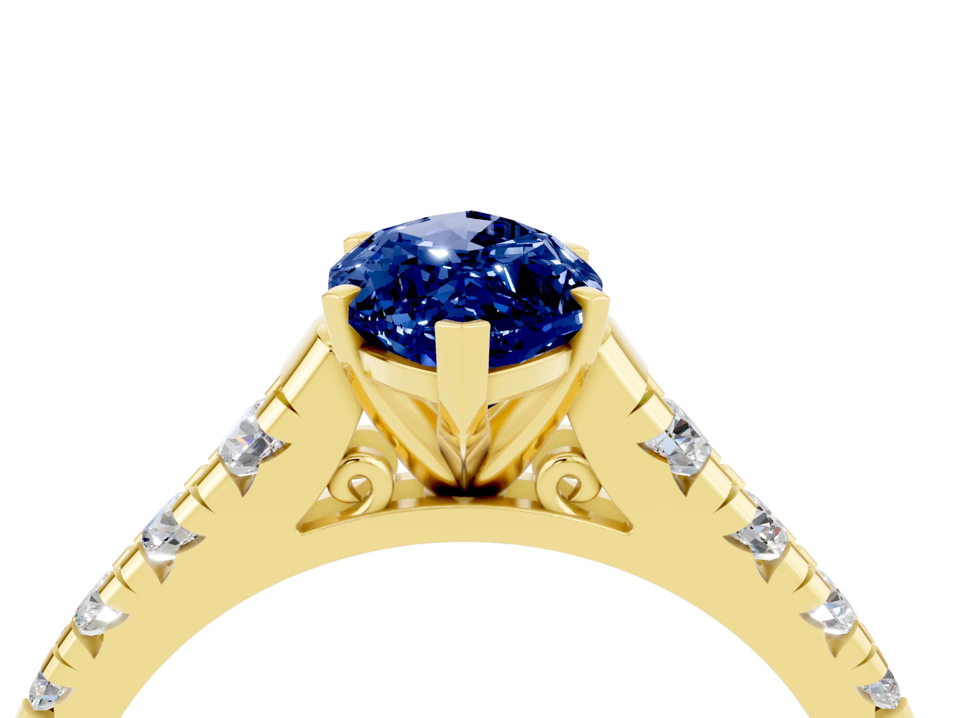 Yellow gold Marquise Cut Blue Sapphire Solitaire Ring with Cathedral Setting and Pavé Band_4