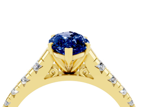 Yellow gold Marquise Cut Blue Sapphire Solitaire Ring with Cathedral Setting and Pavé Band_4