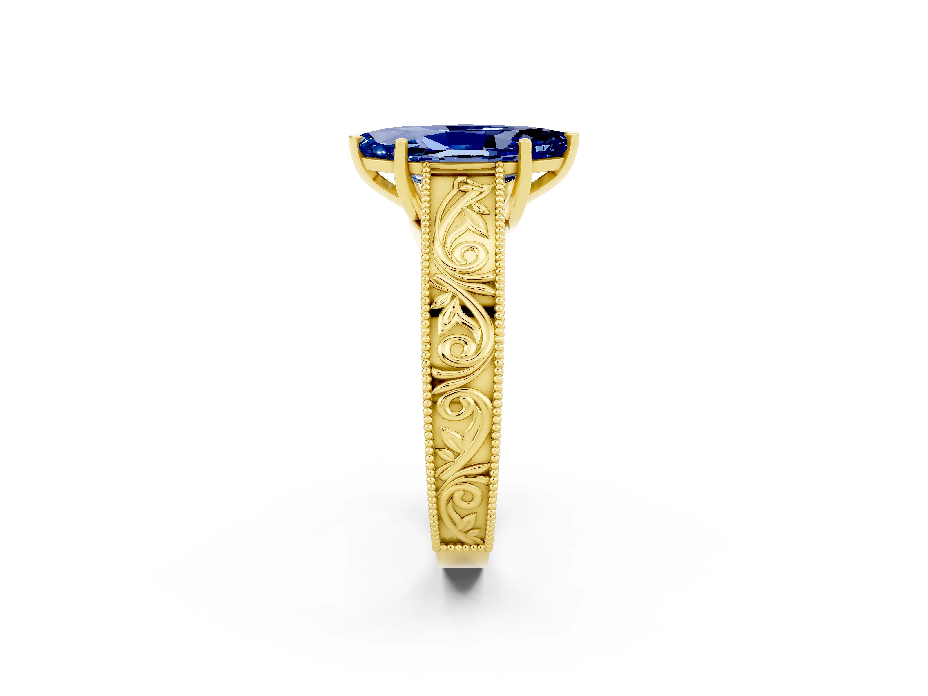 Yellow gold Marquise Cut Blue Sapphire Solitaire Ring with Engraved Band and Four-Prong Setting_2