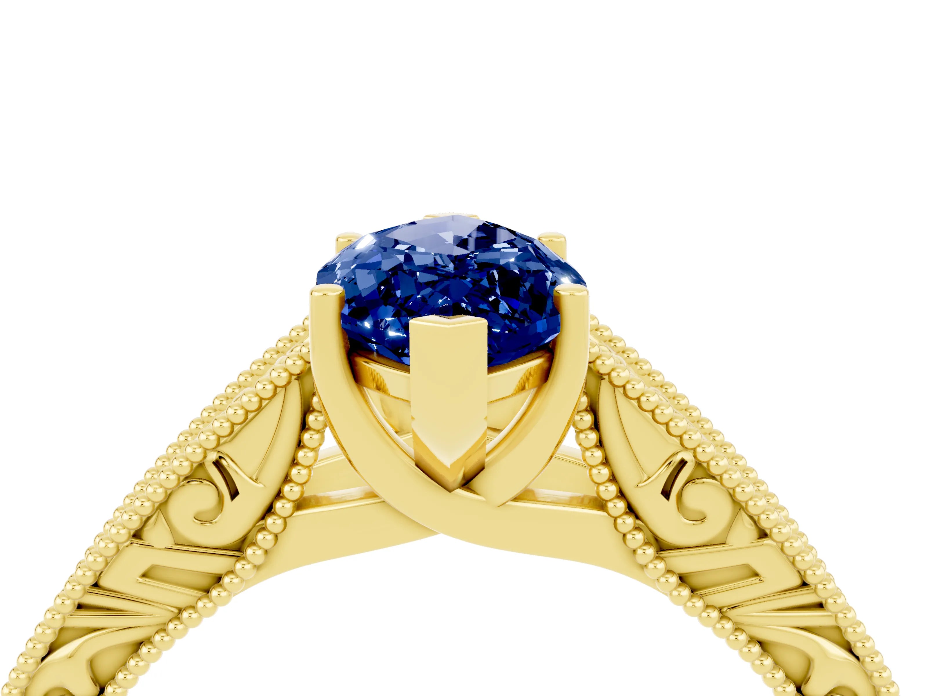 Yellow gold Marquise Cut Blue Sapphire Solitaire Ring with Engraved Band and Four-Prong Setting_4