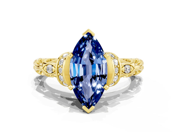 Yellow gold Marquise Cut Blue Sapphire Solitaire Ring with Filigree Band and Four-Prong Setting