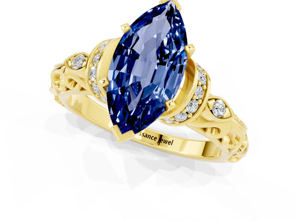 Yellow gold Marquise Cut Blue Sapphire Solitaire Ring with Filigree Band and Four-Prong Setting